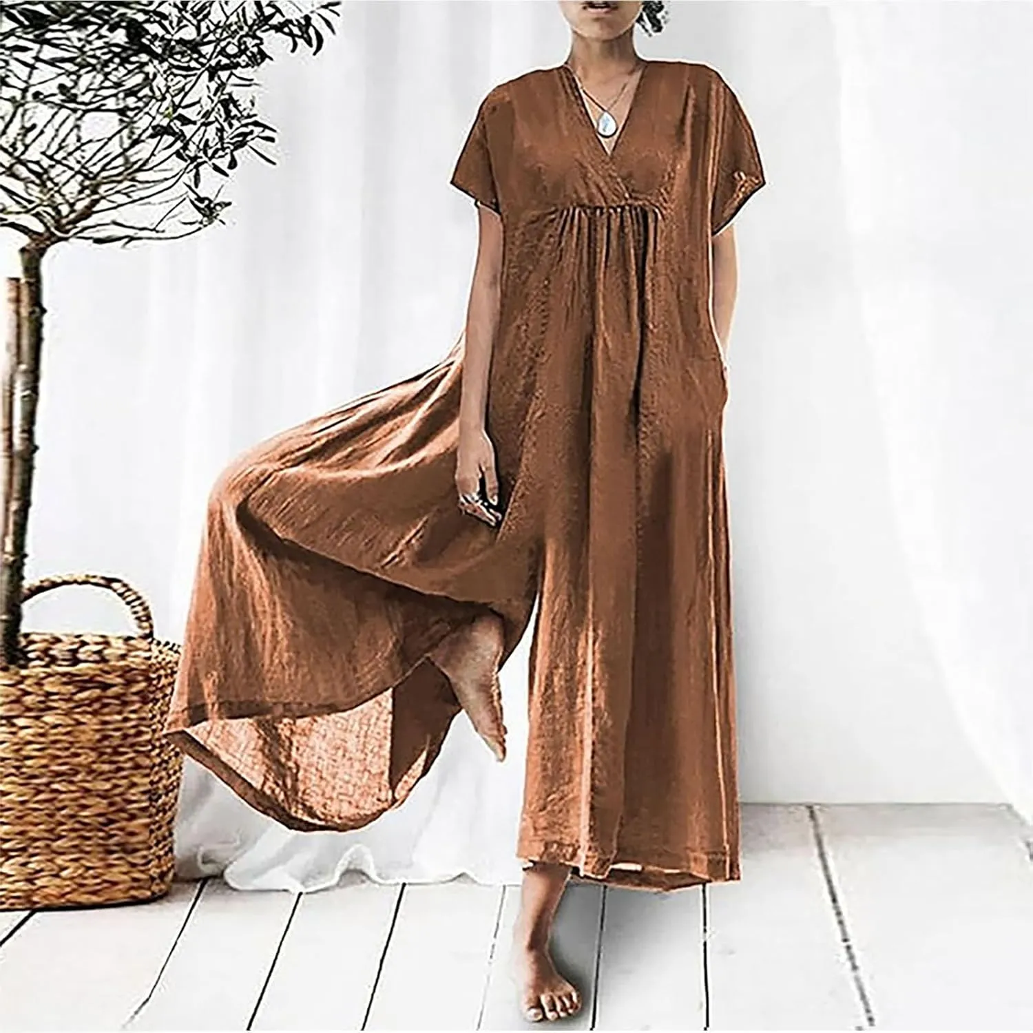 maisdgop Womens Rompers for Summer Short Sleeve Jumpsuits Casual Baggy Wide Leg Overalls Cotton Linen Harem Pants Romper