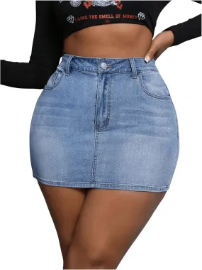 MakeMeChic Women's Plus Size Denim Skirt Mini High Waisted Zipper Bodycon Jean Skirt