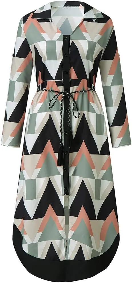 Maxi Dress for Women,2024 Summer Elegant Lapel V Neck Long/Short Sleeve Belt Office Dress,Flowy Ruched Beach Dress