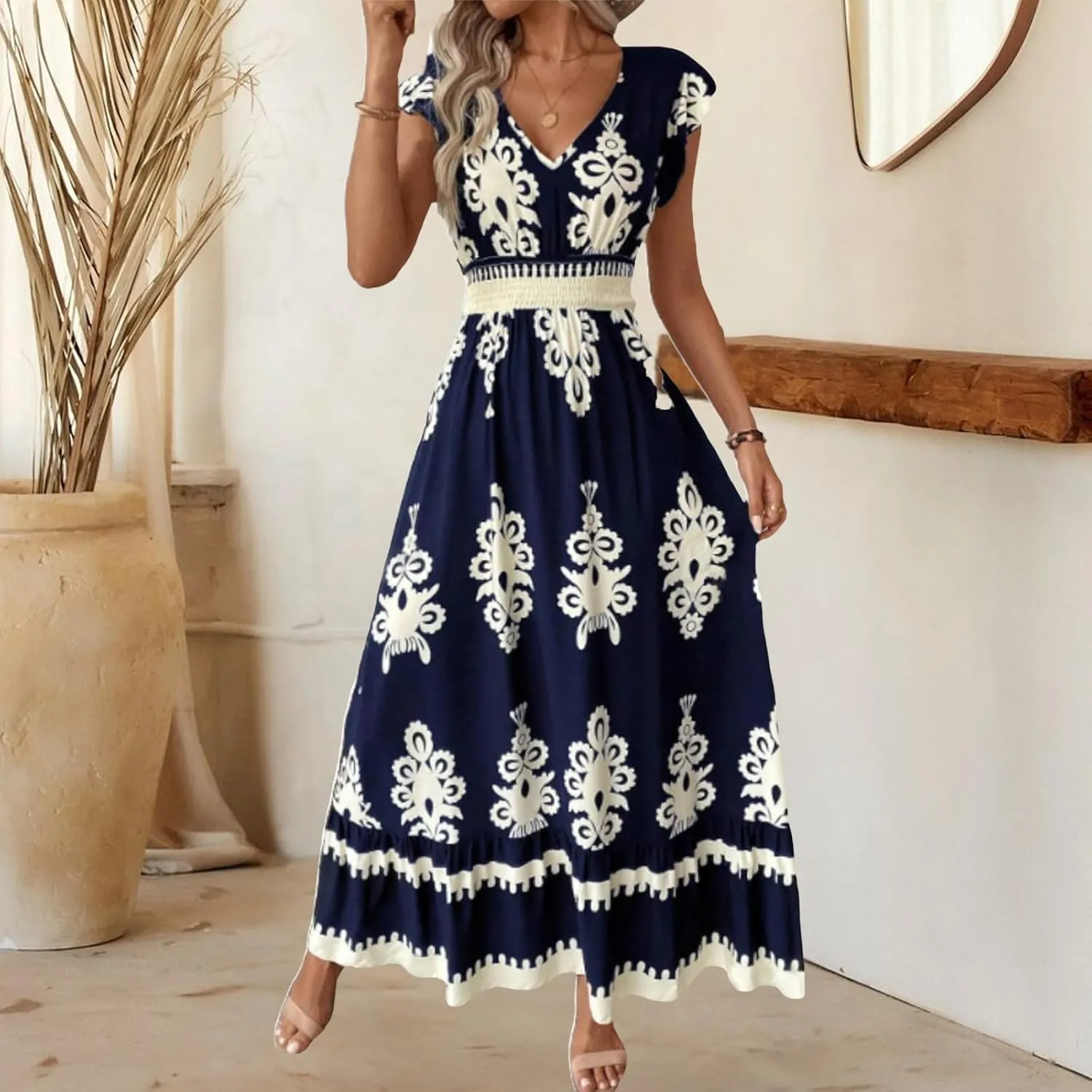 Maxi Dresses for Women Boho High Waisted Flowy A Line Long Dress Summer Casual Cap Sleeve V Neck Sundress