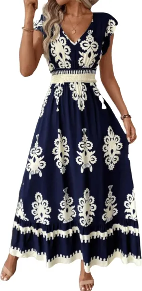 Maxi Dresses for Women Boho High Waisted Flowy A Line Long Dress Summer Casual Cap Sleeve V Neck Sundress