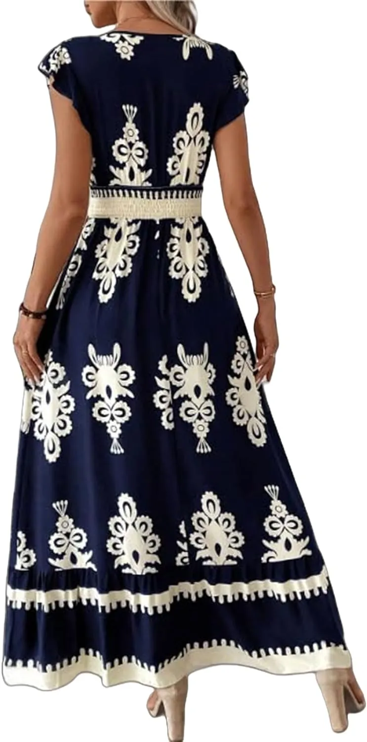 Maxi Dresses for Women Boho High Waisted Flowy A Line Long Dress Summer Casual Cap Sleeve V Neck Sundress