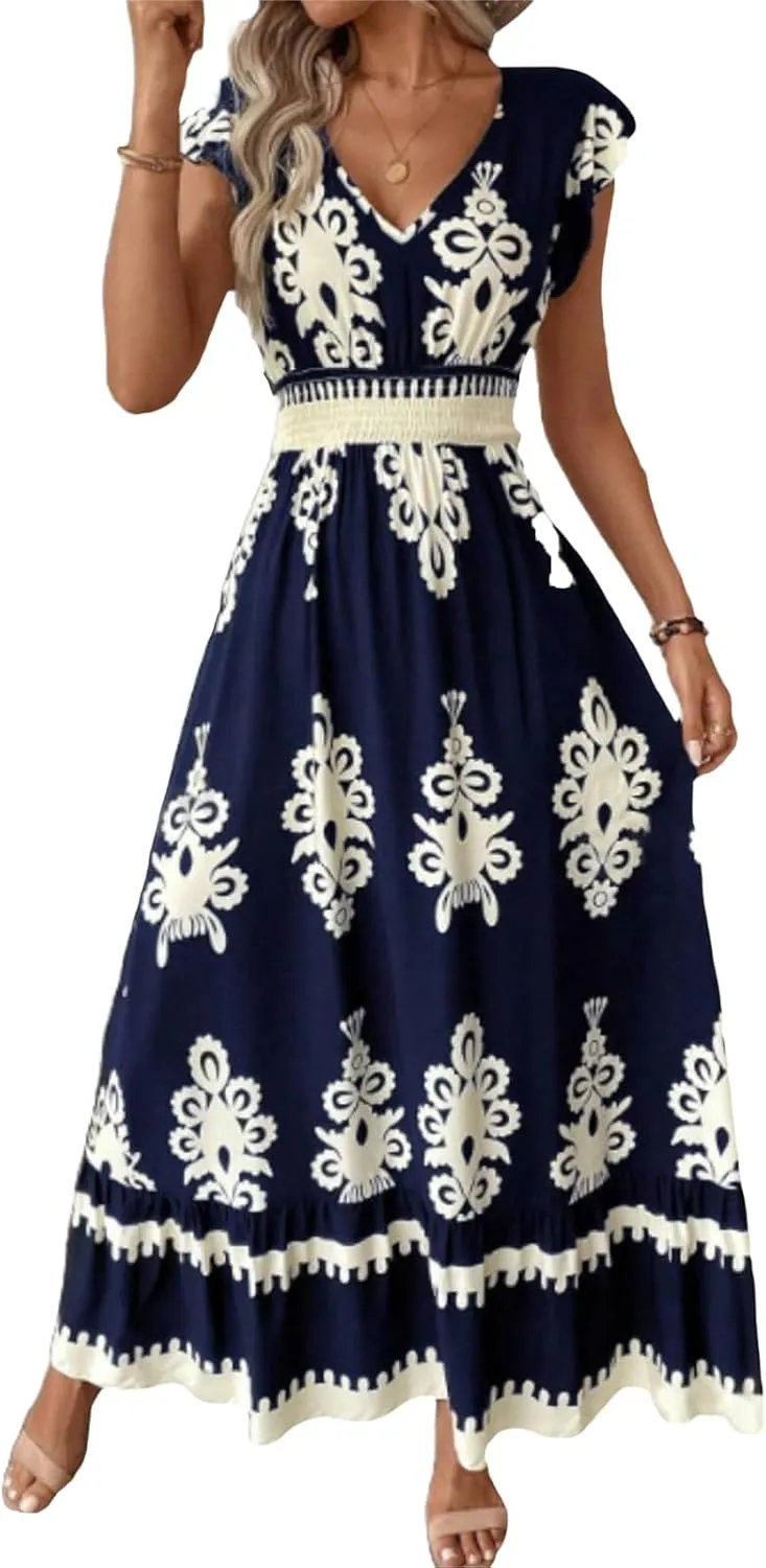 Maxi Dresses for Women Boho High Waisted Flowy A Line Long Dress Summer Casual Cap Sleeve V Neck Sundress