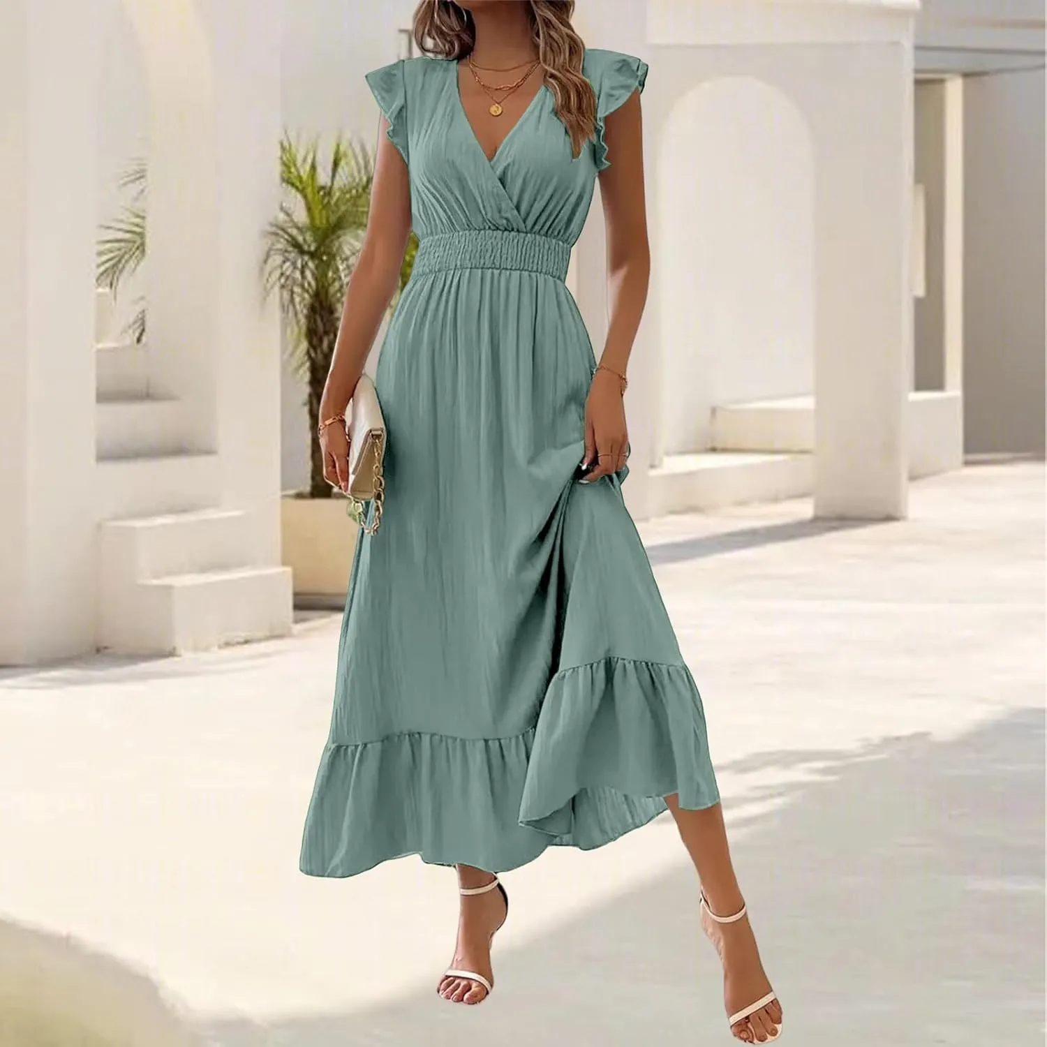 Maxi Dresses for Women V Neck Ruffle Sleeve Summer Dress Dressy Tunic Tiered Ruched Long Dresses Smocked Beach Dress