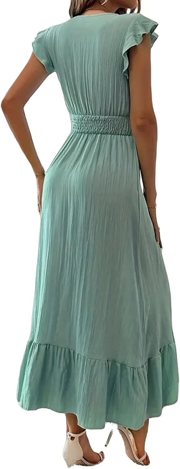 Maxi Dresses for Women V Neck Ruffle Sleeve Summer Dress Dressy Tunic Tiered Ruched Long Dresses Smocked Beach Dress