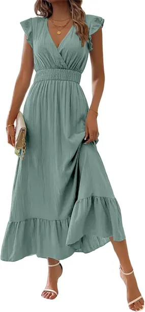 Maxi Dresses for Women V Neck Ruffle Sleeve Summer Dress Dressy Tunic Tiered Ruched Long Dresses Smocked Beach Dress