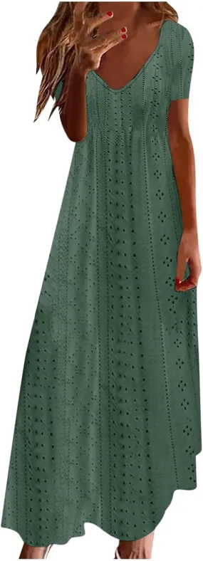 Maxi Long Dresses for Women 2025 Trendy Sleeveless Eyelet Cami Dress Casual Summer Beach Swing Vacation Sundress