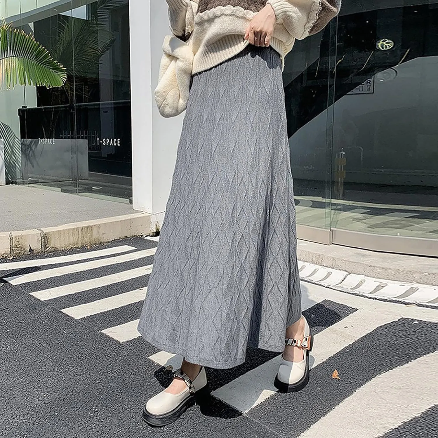 Maxi Skirts for Women Fall Trendy a Line Midi Skirt Elegant Ribbed Knit Long Skirt Reversible Stretchy Half Shirt
