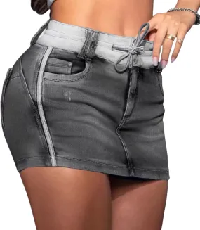 Melliflo Women's Summer Denim Skirt Drawstring Bodycon Sexy Shorts High Waisted Mini A Line Skirts Built in Short Jean