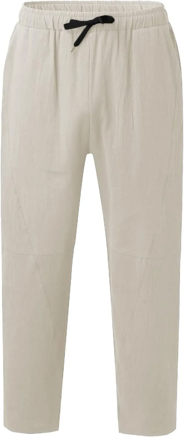 Men Casual Linen Pants Big and Tall Elastic Drawstring Waist Straight-Legs Trousers Baggy Boho Yoga Beach Pant Pocket