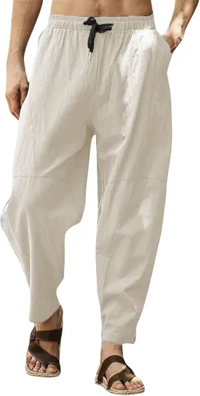 Men Casual Linen Pants Big and Tall Elastic Drawstring Waist Straight-Legs Trousers Baggy Boho Yoga Beach Pant Pocket