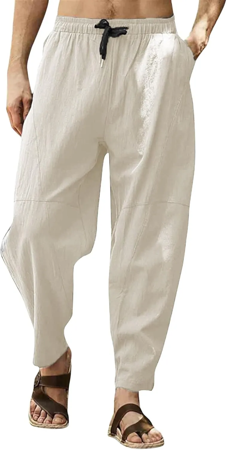 Men Casual Linen Pants Big and Tall Elastic Drawstring Waist Straight-Legs Trousers Baggy Boho Yoga Beach Pant Pocket