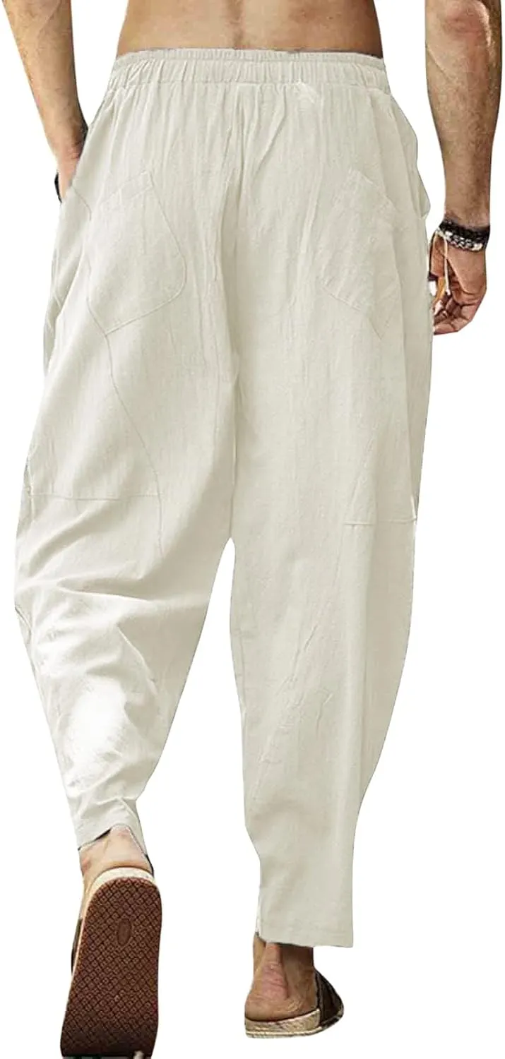 Men Casual Linen Pants Big and Tall Elastic Drawstring Waist Straight-Legs Trousers Baggy Boho Yoga Beach Pant Pocket