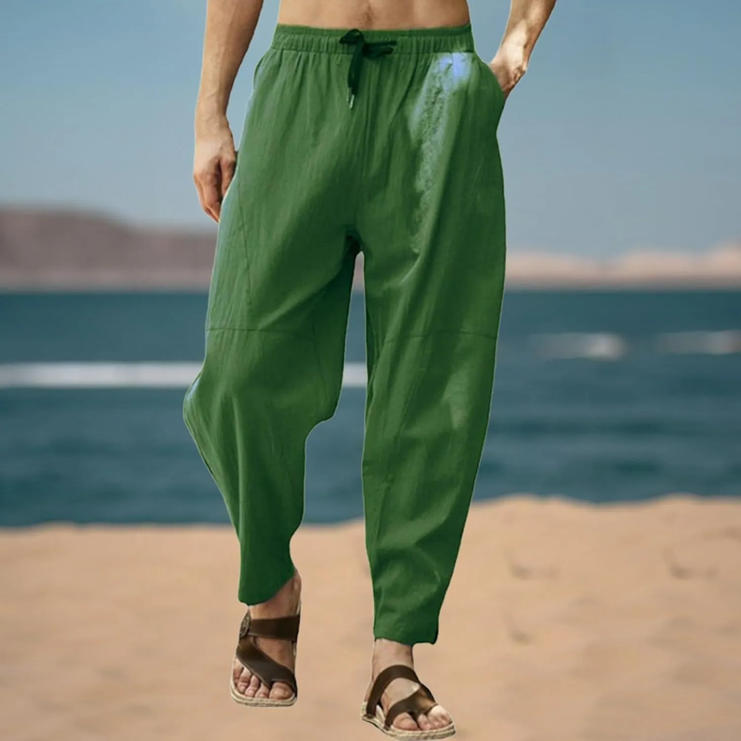 Men Casual Linen Pants Big and Tall Elastic Drawstring Waist Straight-Legs Trousers Baggy Boho Yoga Beach Pant Pocket