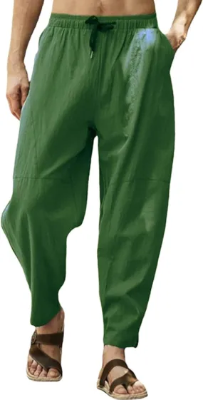 Men Casual Linen Pants Big and Tall Elastic Drawstring Waist Straight-Legs Trousers Baggy Boho Yoga Beach Pant Pocket
