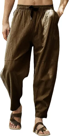 Men Casual Linen Pants Big and Tall Elastic Drawstring Waist Straight-Legs Trousers Baggy Boho Yoga Beach Pant Pocket