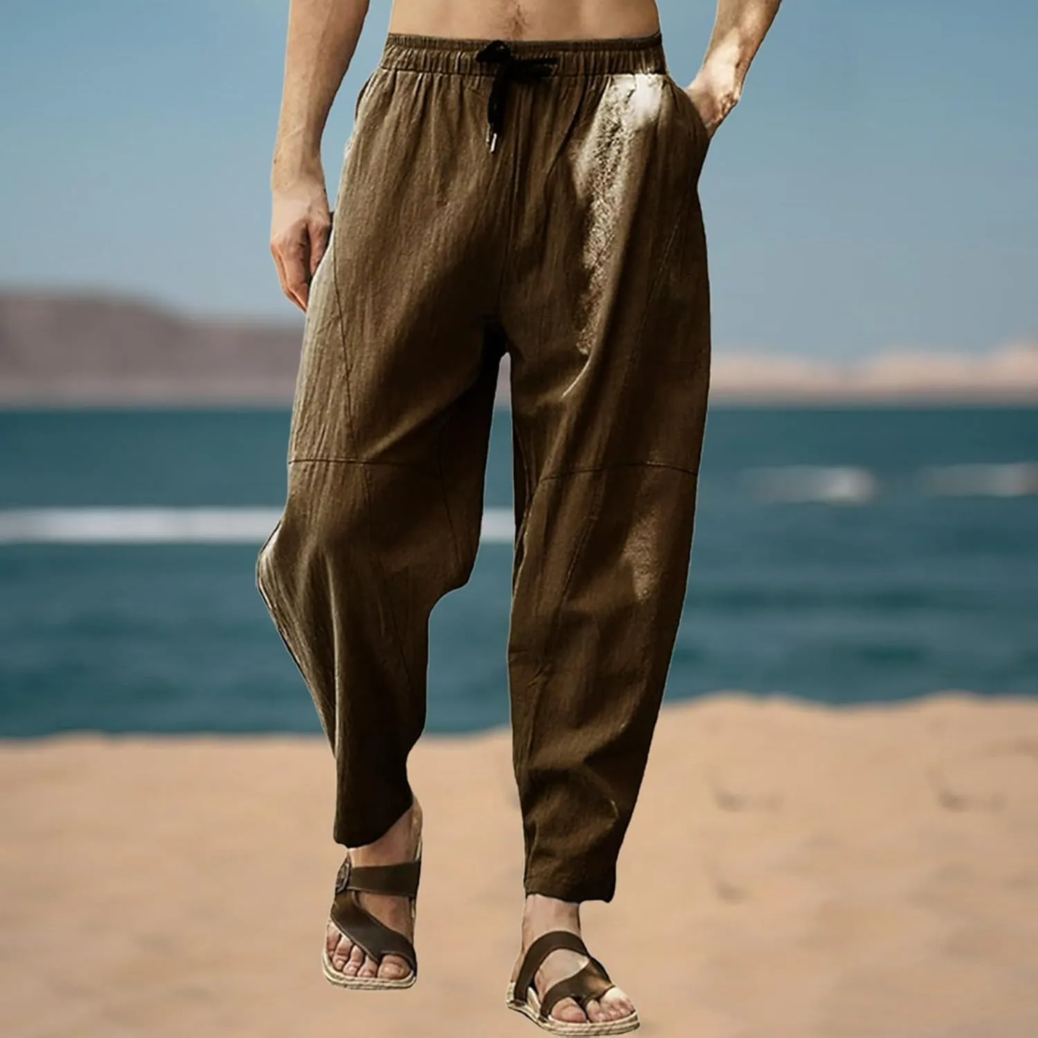 Men Casual Linen Pants Big and Tall Elastic Drawstring Waist Straight-Legs Trousers Baggy Boho Yoga Beach Pant Pocket