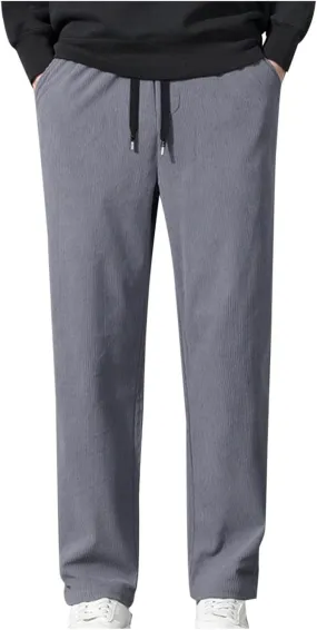 Men Corduroy Trousers Fashion Drawstring Elastic Waist Sweatpants Casual Loose Wide Leg Straight Pants with Pocket