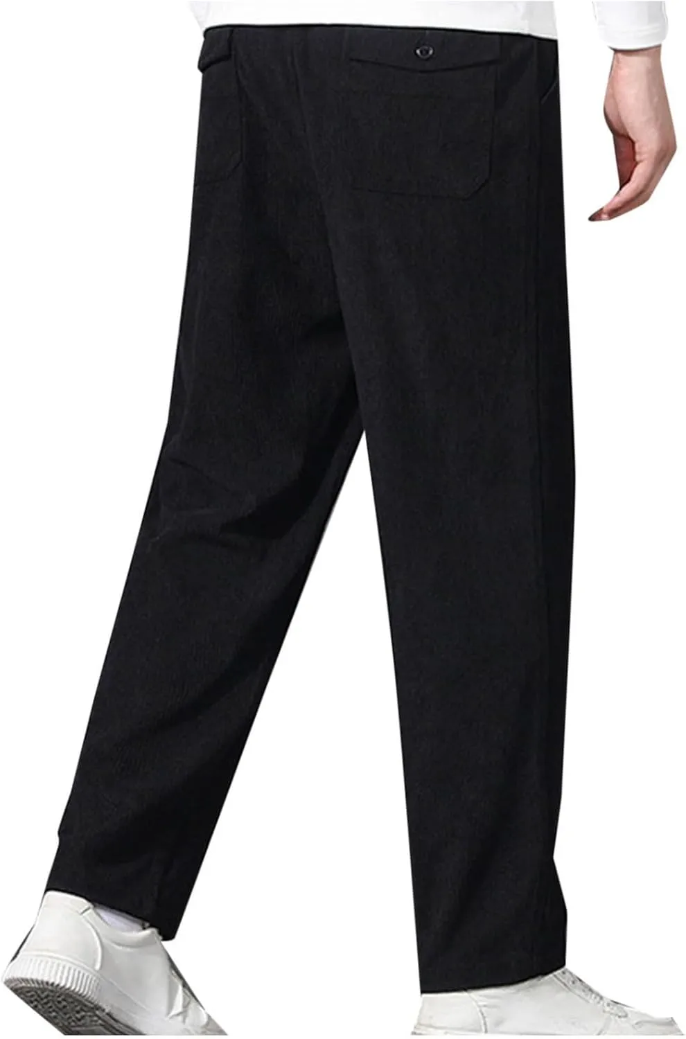 Men Corduroy Trousers Fashion Drawstring Elastic Waist Sweatpants Casual Loose Wide Leg Straight Pants with Pocket