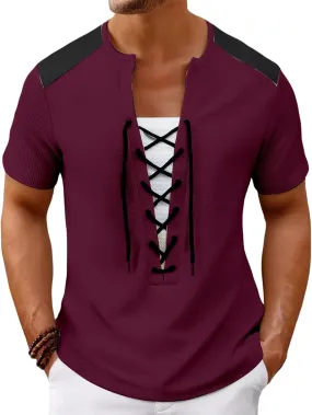 Men Cotton Linen Henley Shirts, Lace Up Short Sleeve V Neck for Beach Renaissance Viking Pirate Hippie, Cotton