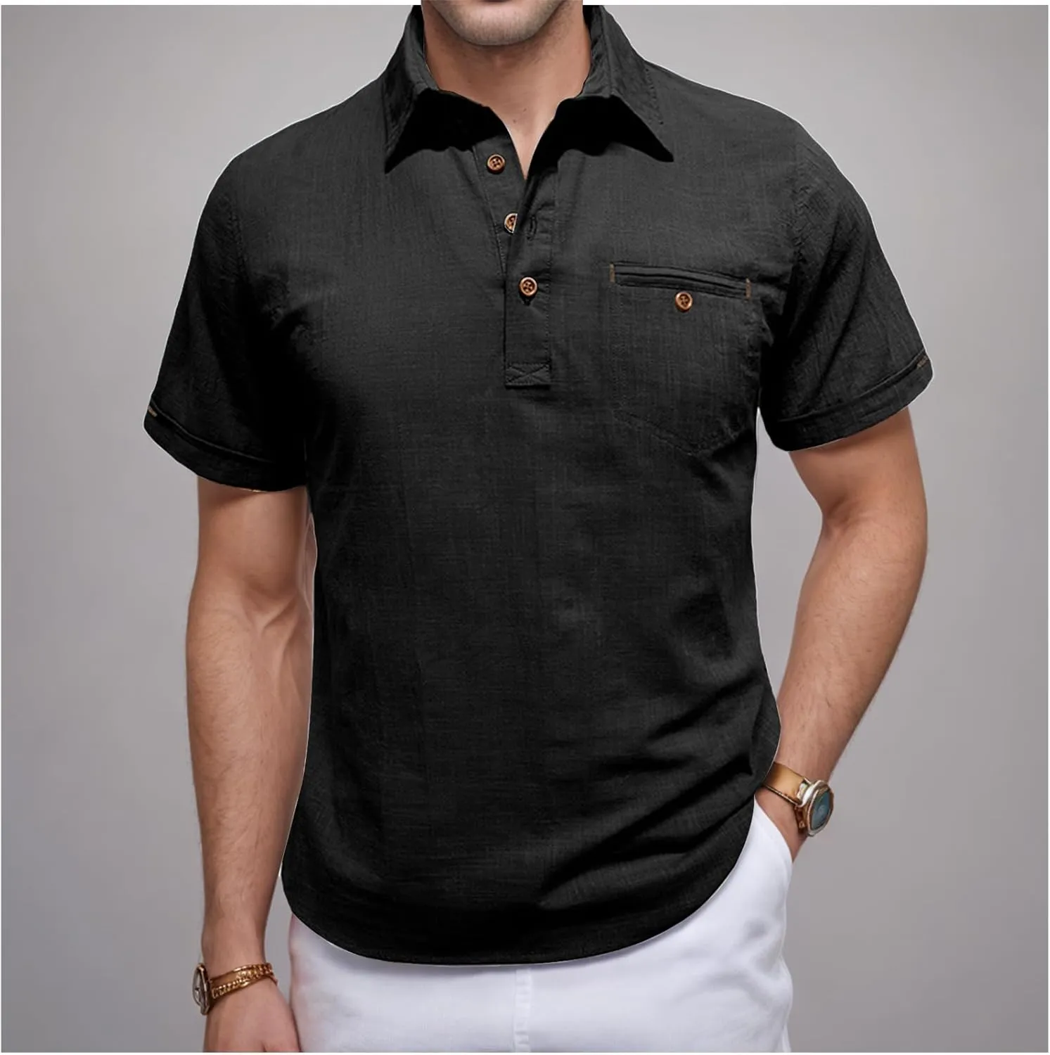 Men Cotton Linen Shirt Button Down Polo Shirt Lightweight Casual Short Sleeve Hippie Shirts Breathable Summer Shirt