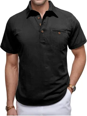 Men Cotton Linen Shirt Button Down Polo Shirt Lightweight Casual Short Sleeve Hippie Shirts Breathable Summer Shirt