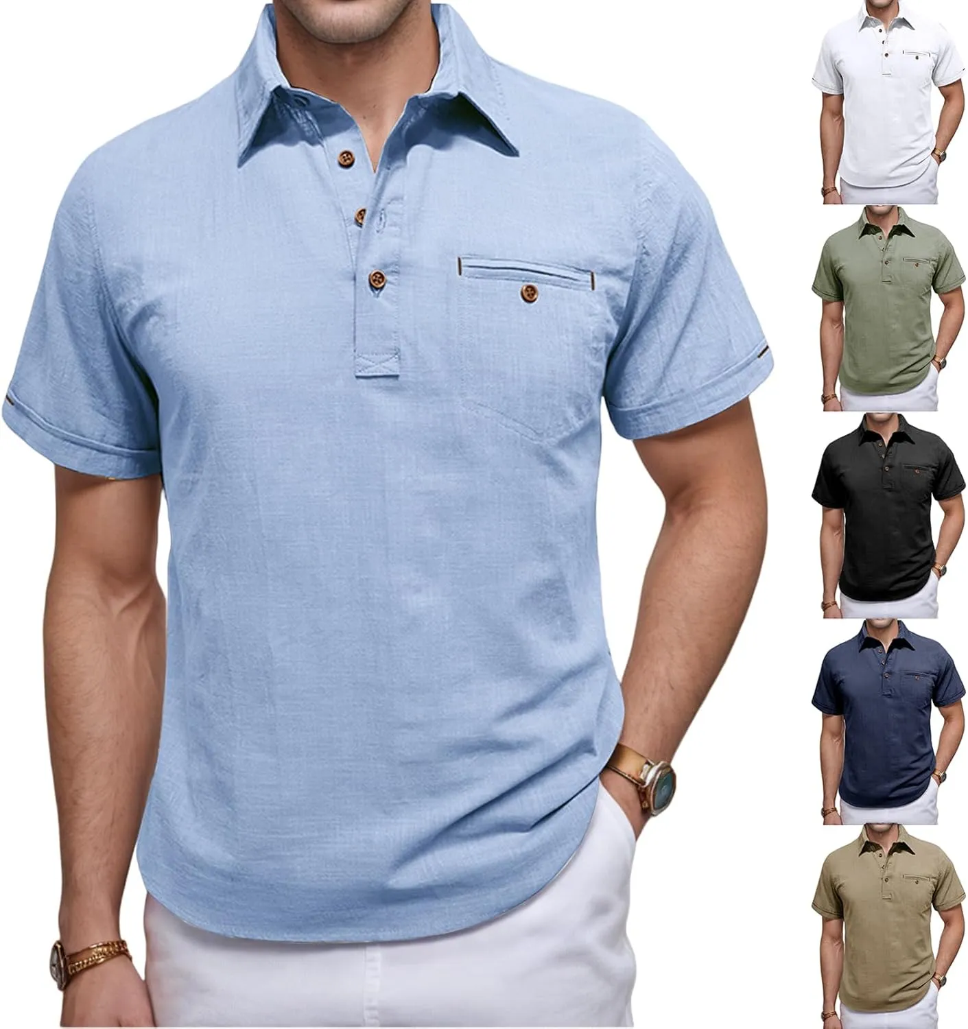 Men Cotton Linen Shirt Button Down Polo Shirt Lightweight Casual Short Sleeve Hippie Shirts Breathable Summer Shirt