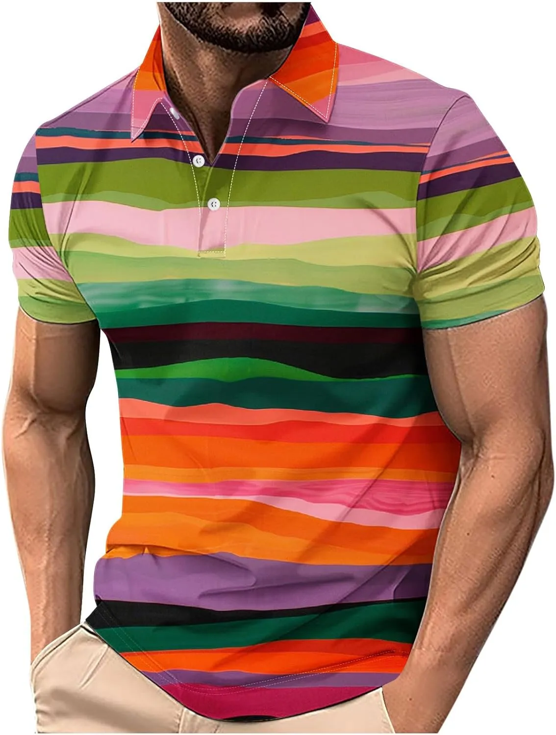 Men Striped Color Block Tops Short Sleeve Casual Polo Shirts Button Up Slim Fit Tee Top Fashion Athletic Clothes