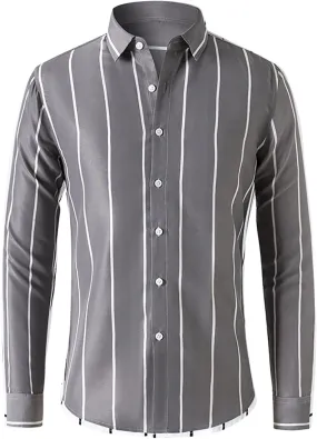 Men's Black and White Vertical Striped Shirt Classic Slim Fit Long Sleeve Lapel Button Down Top