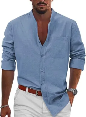 Mens Button Down Shirt Cotton Linen Casual Long Sleeve Shirts Collared Hippie Beach Tops Mens Vacation Shirts