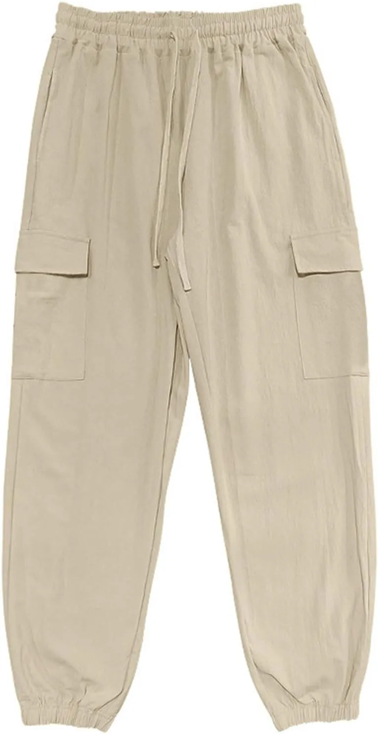 Men's Cargo Sweatpants Drawstring Tapered Joggers Relaxed Fit Stretch Cotton Linen Casual Long Pants with Pockets