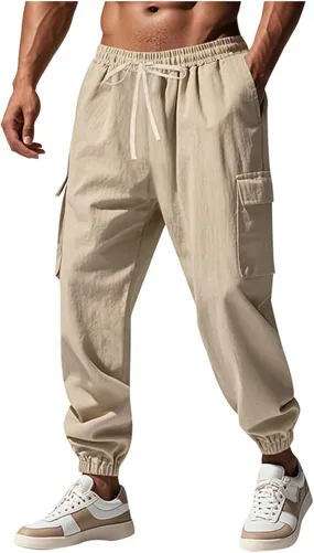 Men's Cargo Sweatpants Drawstring Tapered Joggers Relaxed Fit Stretch Cotton Linen Casual Long Pants with Pockets