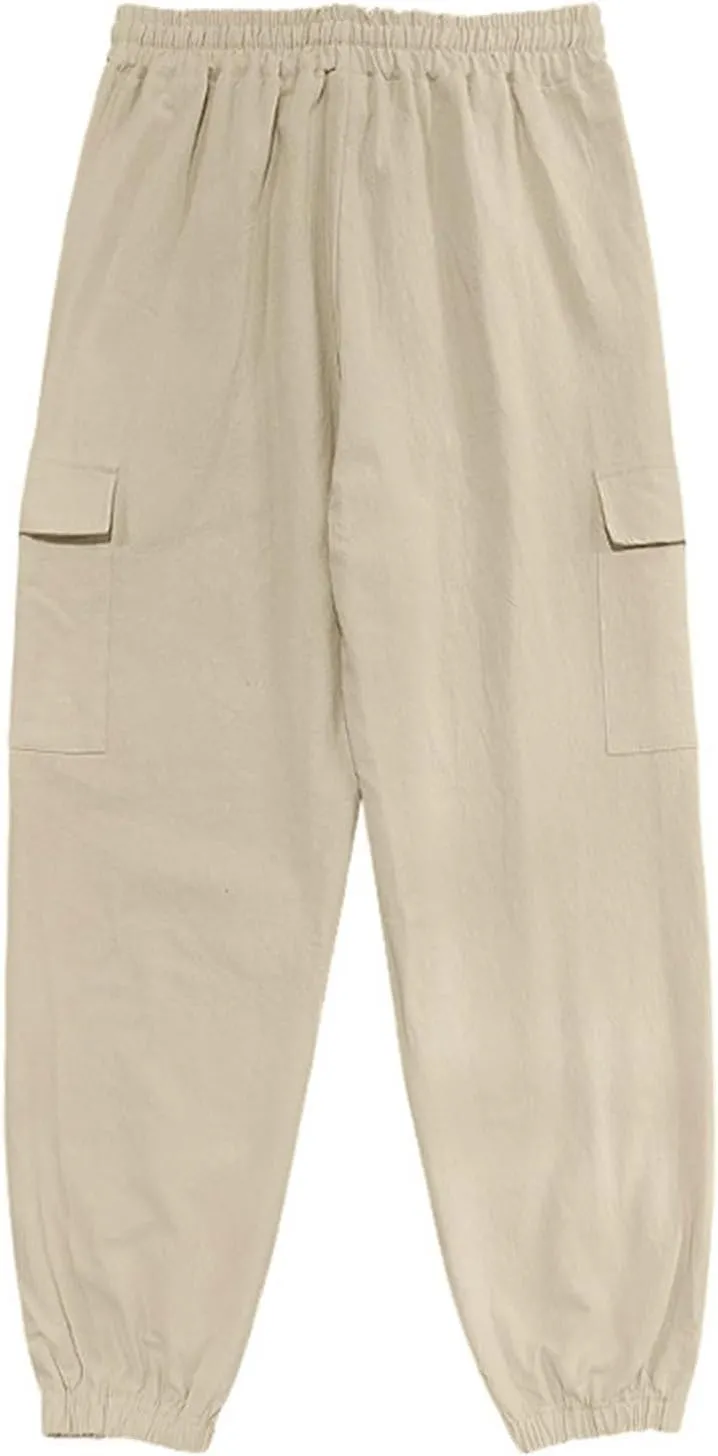 Men's Cargo Sweatpants Drawstring Tapered Joggers Relaxed Fit Stretch Cotton Linen Casual Long Pants with Pockets