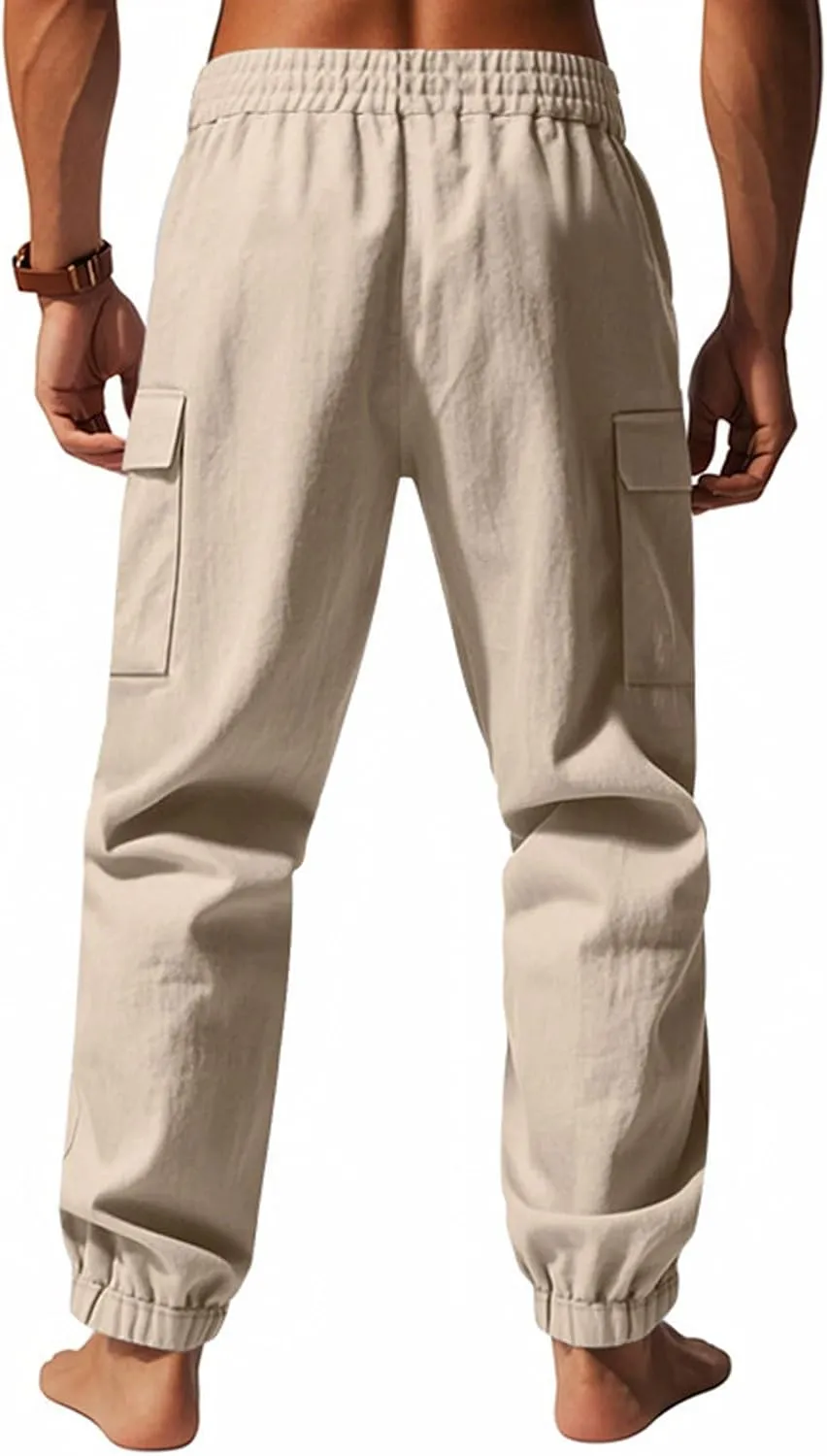 Men's Cargo Sweatpants Drawstring Tapered Joggers Relaxed Fit Stretch Cotton Linen Casual Long Pants with Pockets