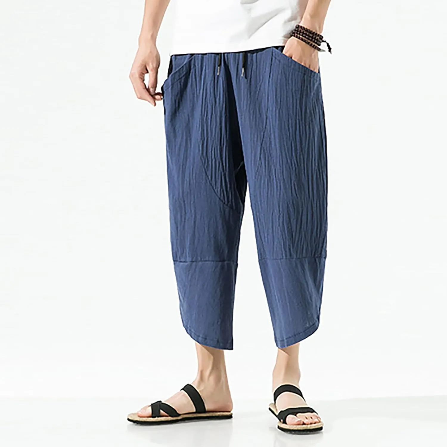 Mens Casual Baggy Cotton Linen Pocket Lounge Harem Pants Beach Long Shorts Below Knee Loose Fit Linen Pants