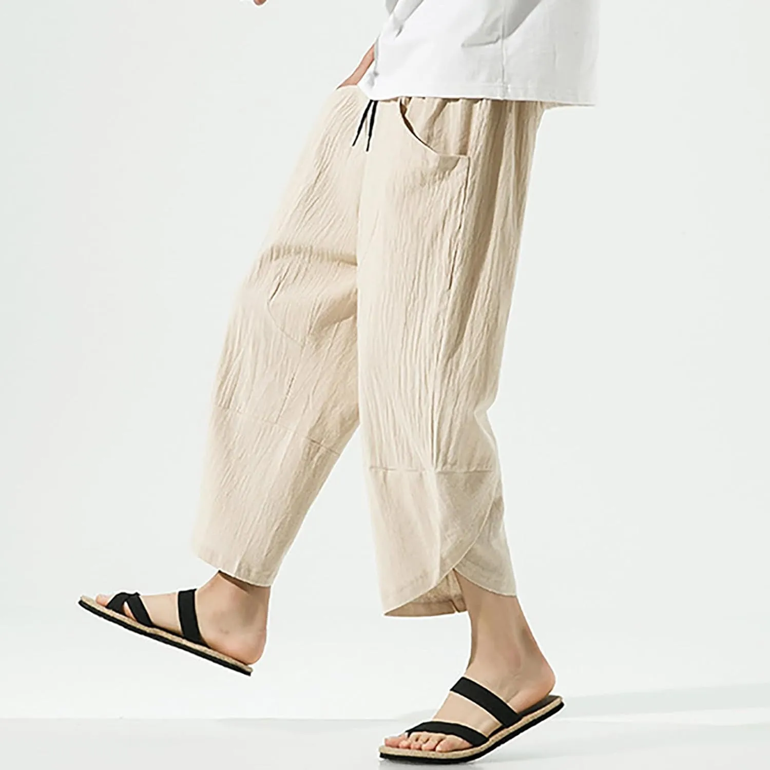 Mens Casual Baggy Cotton Linen Pocket Lounge Harem Pants Beach Long Shorts Below Knee Loose Fit Linen Pants
