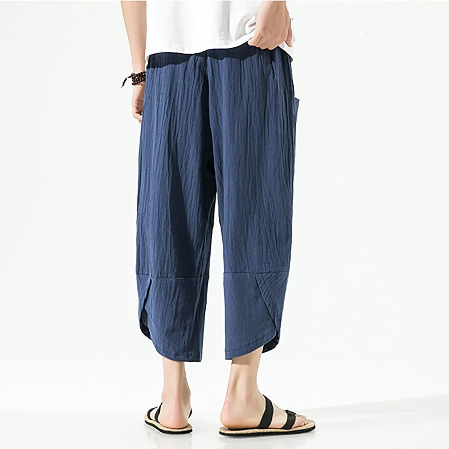 Mens Casual Baggy Cotton Linen Pocket Lounge Harem Pants Beach Long Shorts Below Knee Loose Fit Linen Pants
