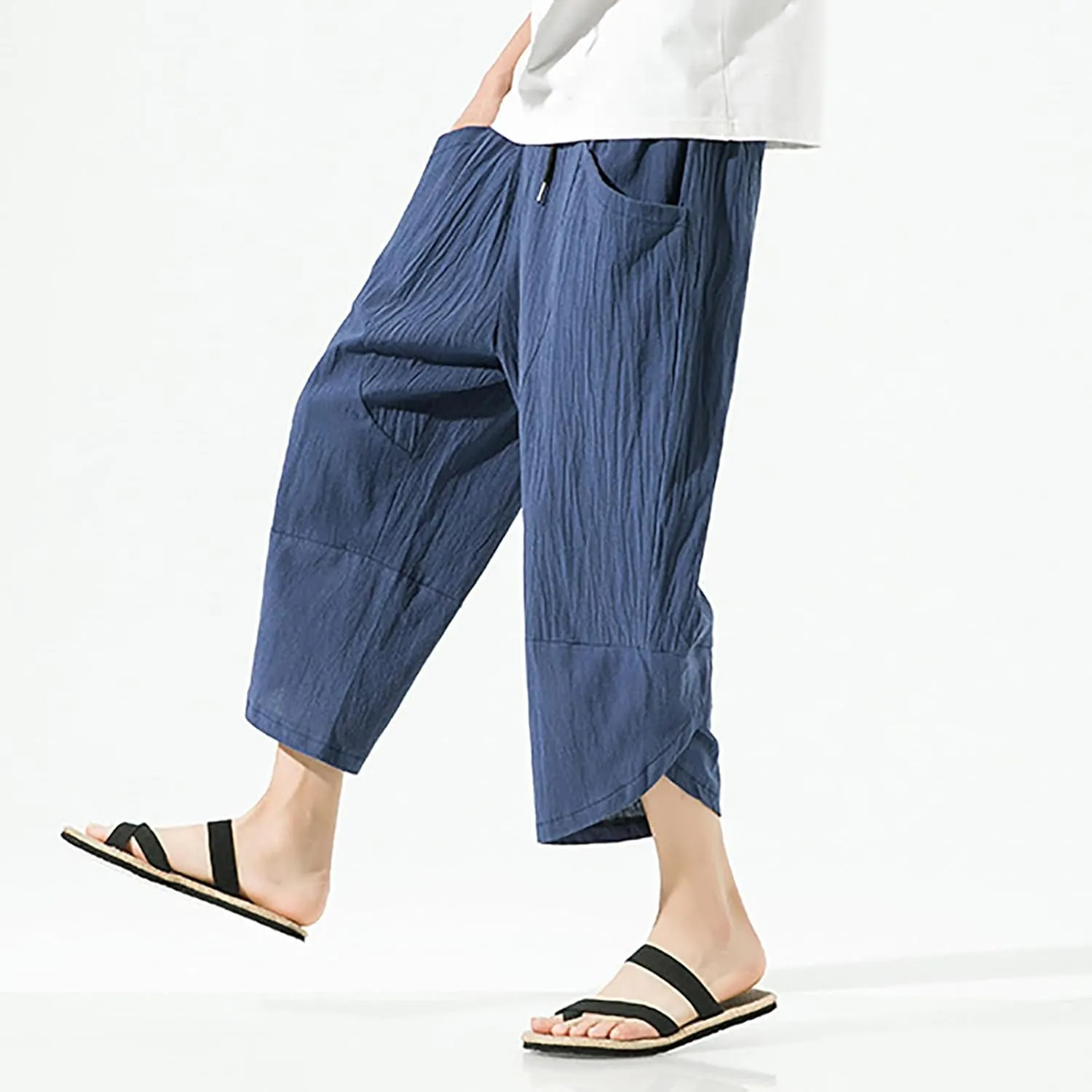 Mens Casual Baggy Cotton Linen Pocket Lounge Harem Pants Beach Long Shorts Below Knee Loose Fit Linen Pants
