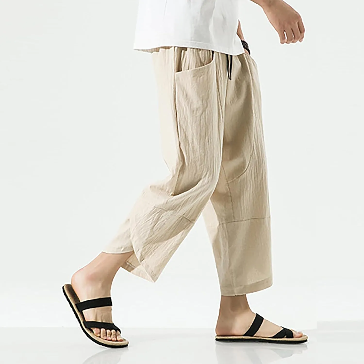 Mens Casual Baggy Cotton Linen Pocket Lounge Harem Pants Beach Long Shorts Below Knee Loose Fit Linen Pants