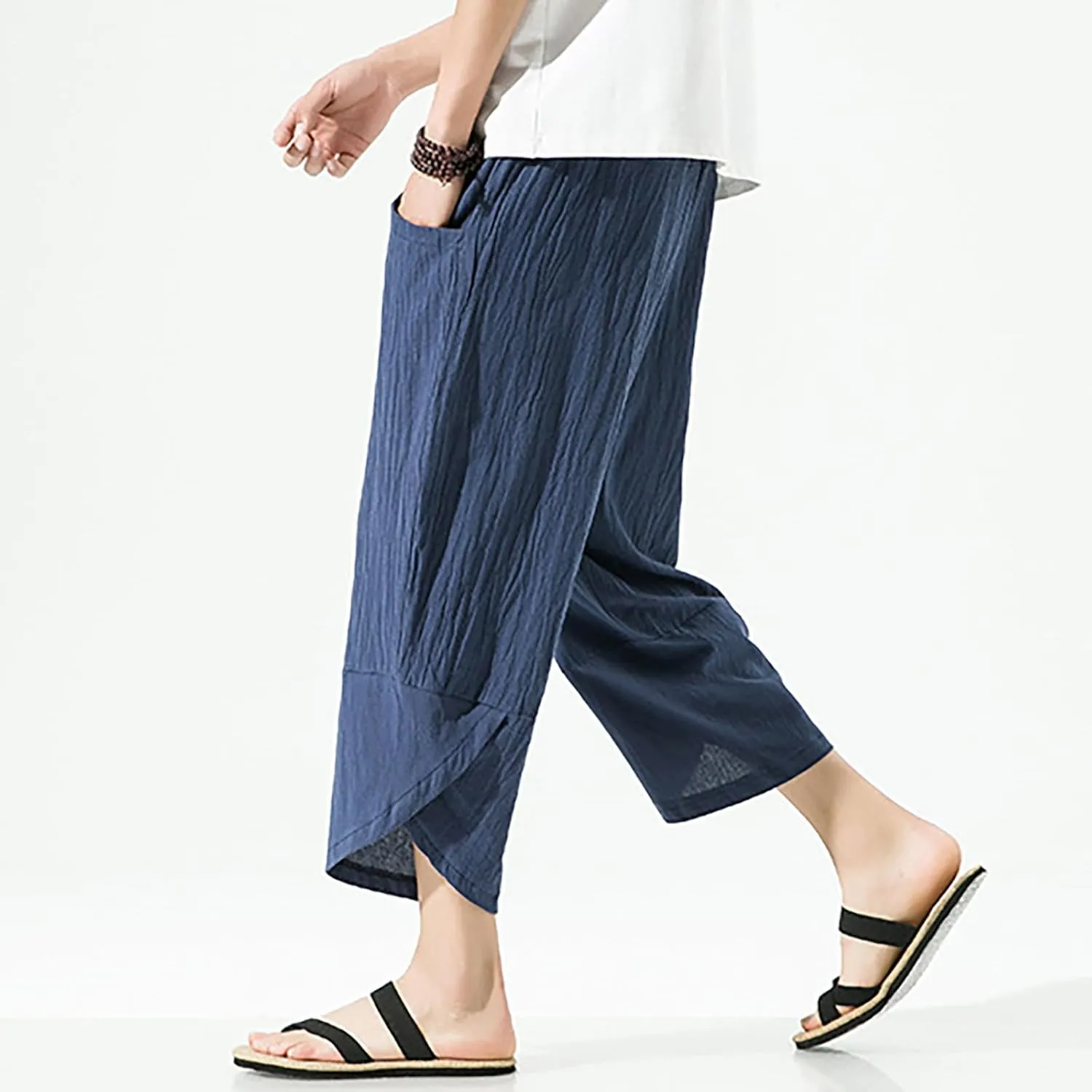 Mens Casual Baggy Cotton Linen Pocket Lounge Harem Pants Beach Long Shorts Below Knee Loose Fit Linen Pants