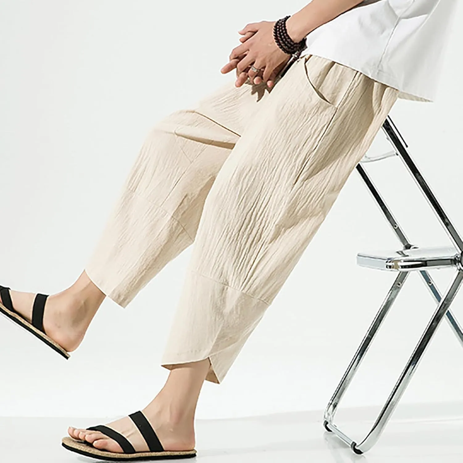 Mens Casual Baggy Cotton Linen Pocket Lounge Harem Pants Beach Long Shorts Below Knee Loose Fit Linen Pants