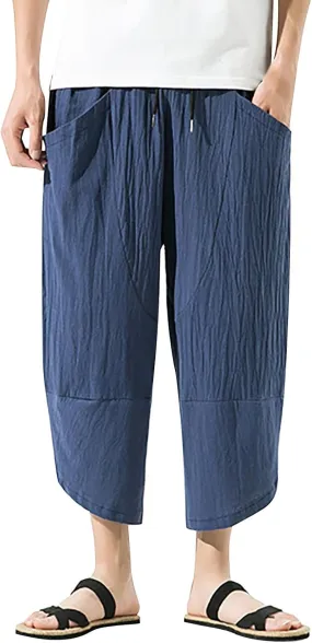 Mens Casual Baggy Cotton Linen Pocket Lounge Harem Pants Beach Long Shorts Below Knee Loose Fit Linen Pants