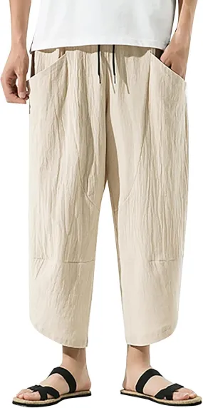 Mens Casual Baggy Cotton Linen Pocket Lounge Harem Pants Beach Long Shorts Below Knee Loose Fit Linen Pants