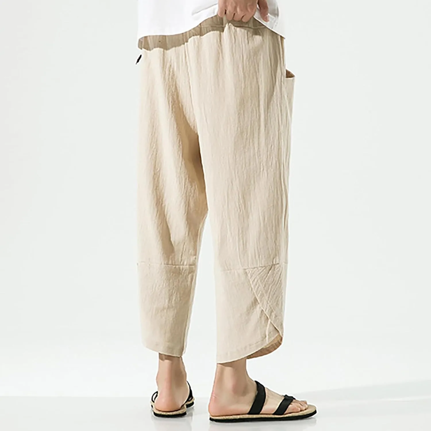 Mens Casual Baggy Cotton Linen Pocket Lounge Harem Pants Beach Long Shorts Below Knee Loose Fit Linen Pants