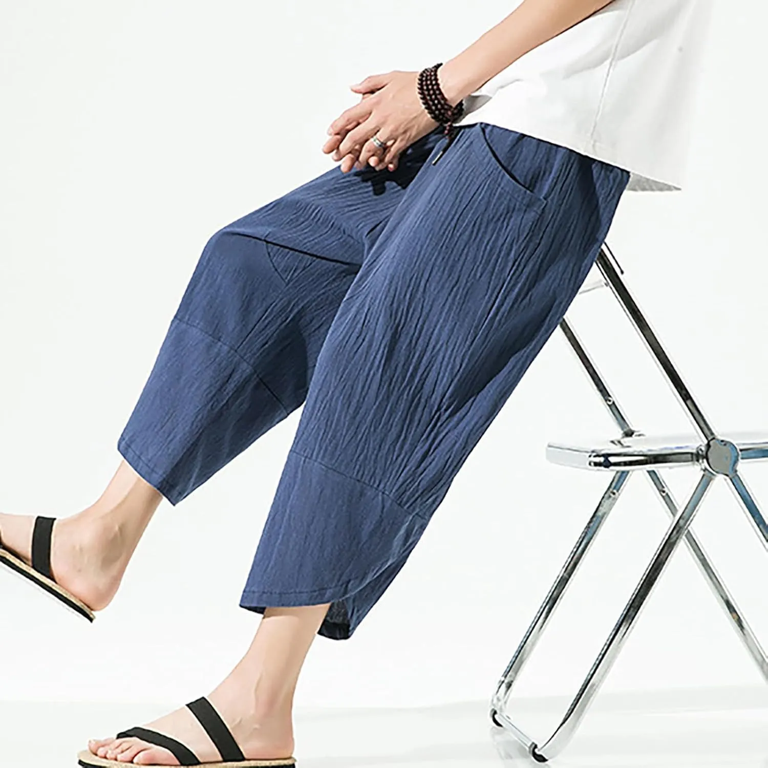 Mens Casual Baggy Cotton Linen Pocket Lounge Harem Pants Beach Long Shorts Below Knee Loose Fit Linen Pants