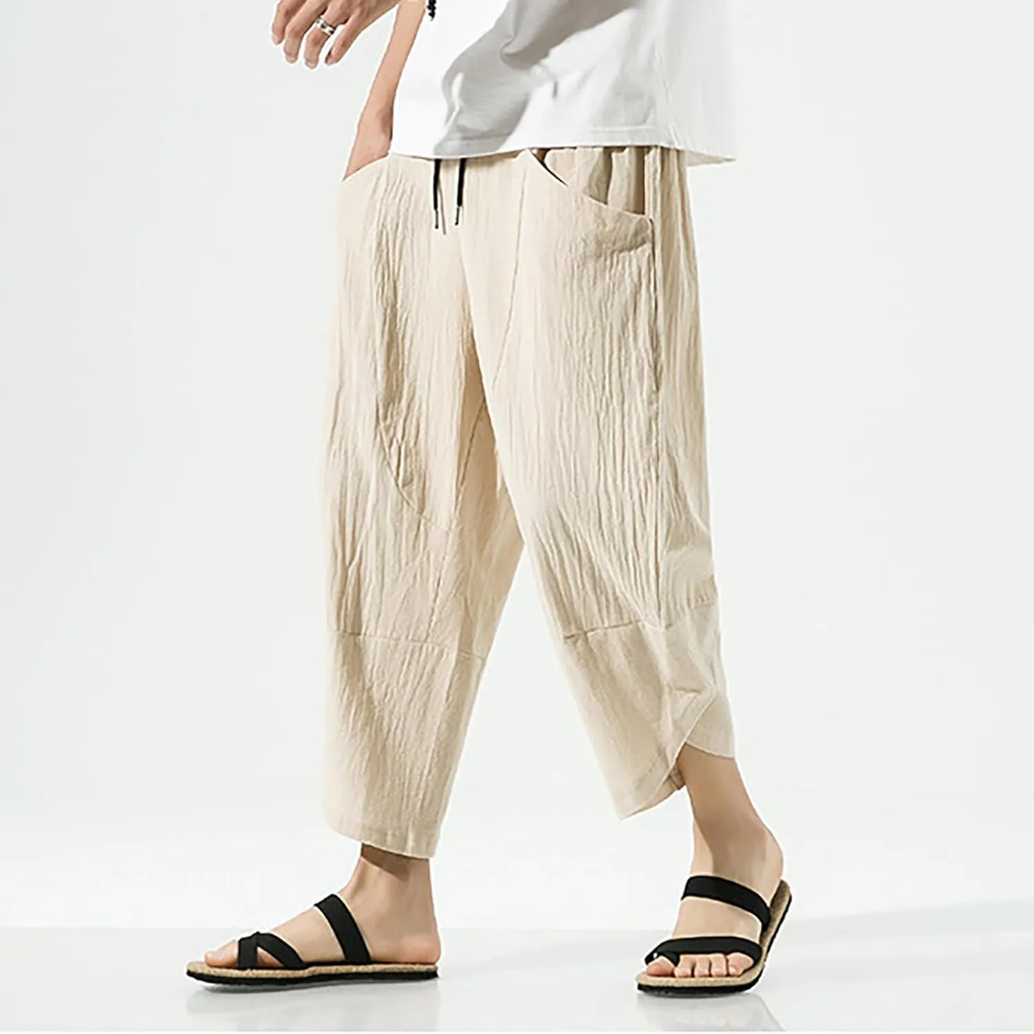 Mens Casual Baggy Cotton Linen Pocket Lounge Harem Pants Beach Long Shorts Below Knee Loose Fit Linen Pants