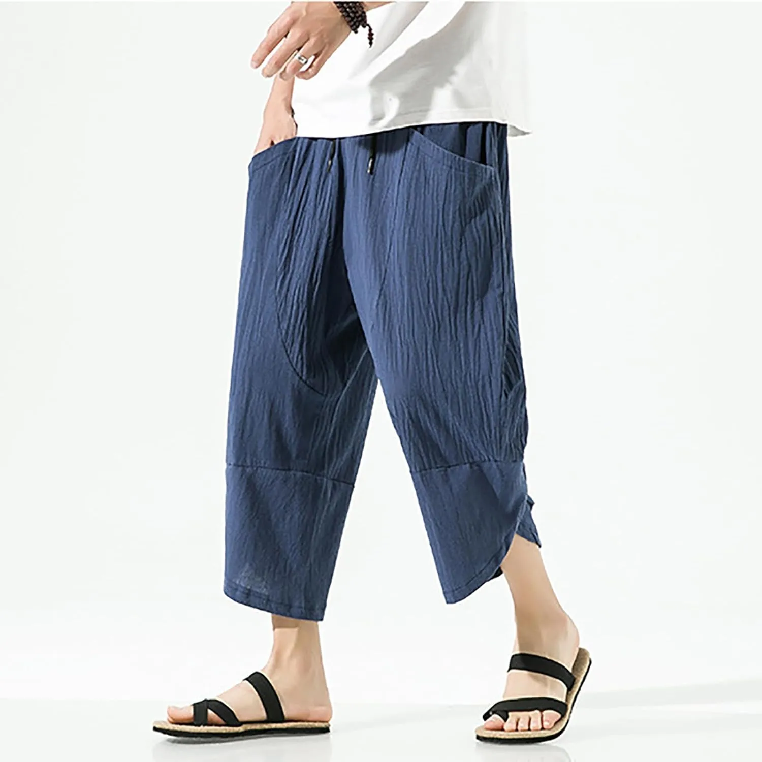 Mens Casual Baggy Cotton Linen Pocket Lounge Harem Pants Beach Long Shorts Below Knee Loose Fit Linen Pants