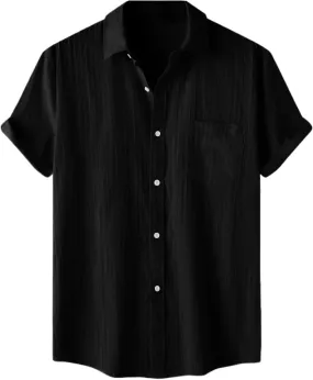 Mens Casual Button Down Shirts Short Sleeve Linen Cotton Striped for Summer Beach & Dress Wear
