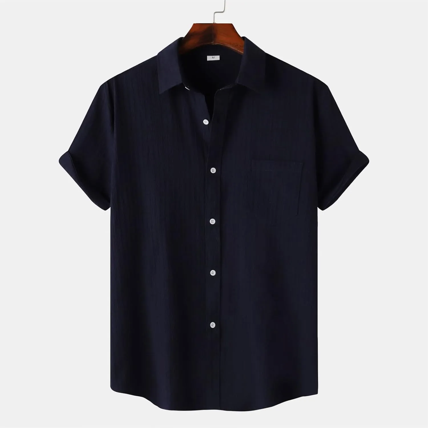 Mens Casual Button Down Shirts Short Sleeve Linen Cotton Striped for Summer Beach & Dress Wear