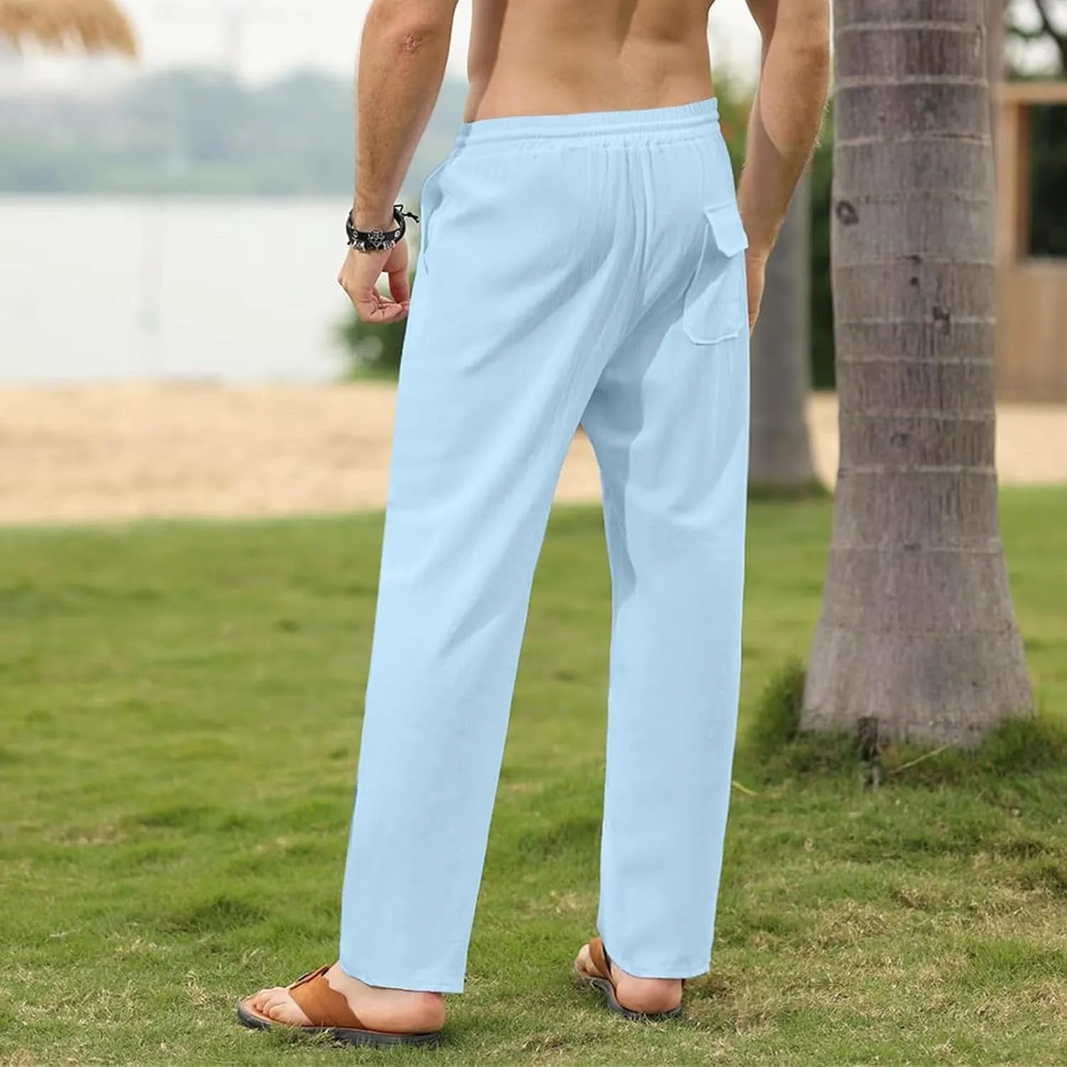 Men's Casual Cotton Linen Pants Lightweight Drawstring Pant Solid Color Slim Fit Trousers Beach Summer Pants